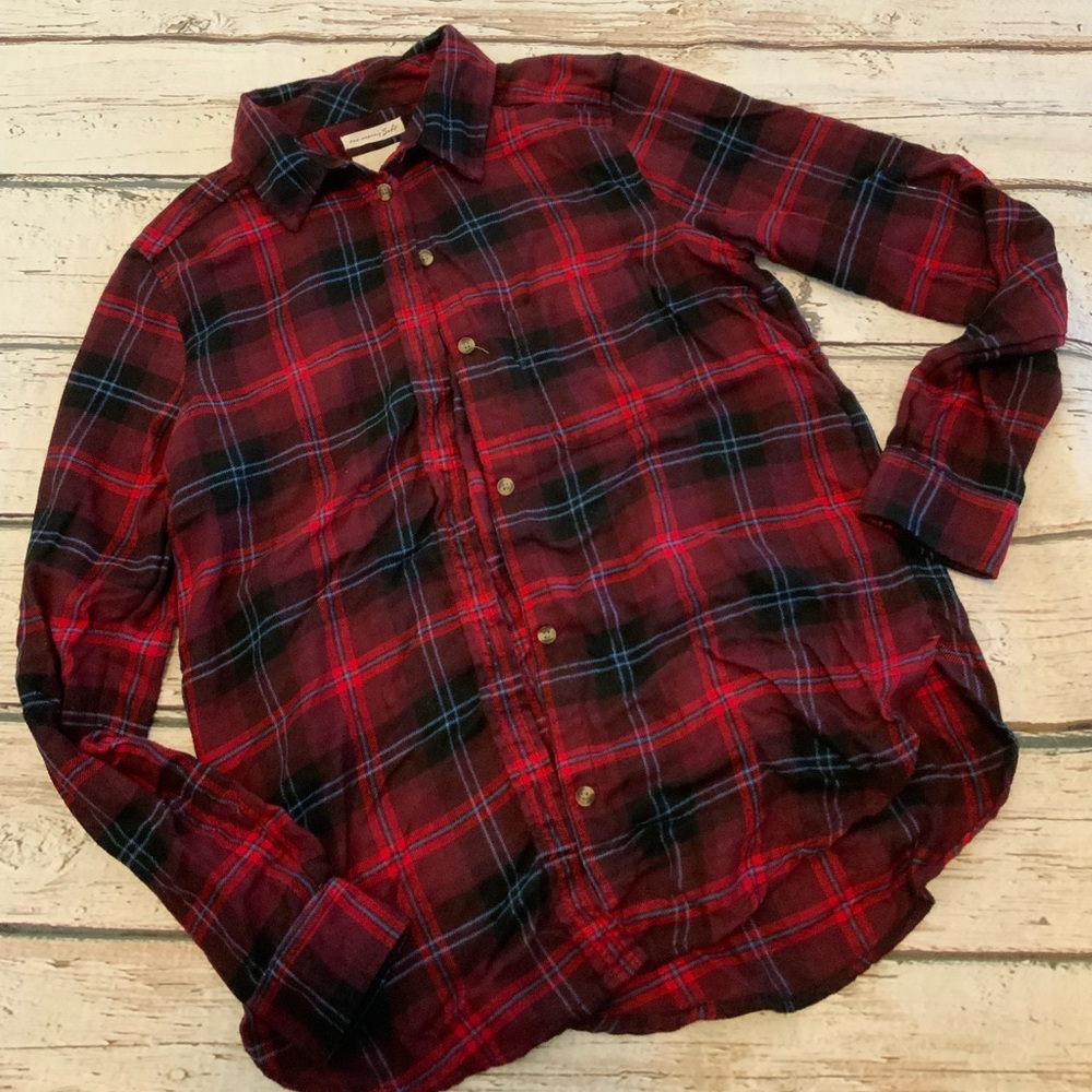 American‎ Eagle Red Plaid Flannel Button Up Shirt Womens XS Boyfriend Fit Pocket